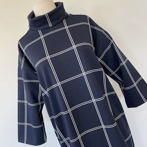 Ann Taylor LOFT Ponte Knit Tunic Dress Women's Medium Funnel Neck Plaid Navy NWT